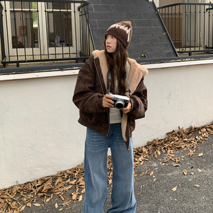 橘子树在哪儿美式麂皮连帽外套女冬防风保暖慵懒休闲宽松百搭棉服