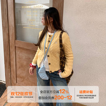 橘子树在哪儿韩系黄色麻花针织开衫女秋季设计感正肩显瘦毛衣外套