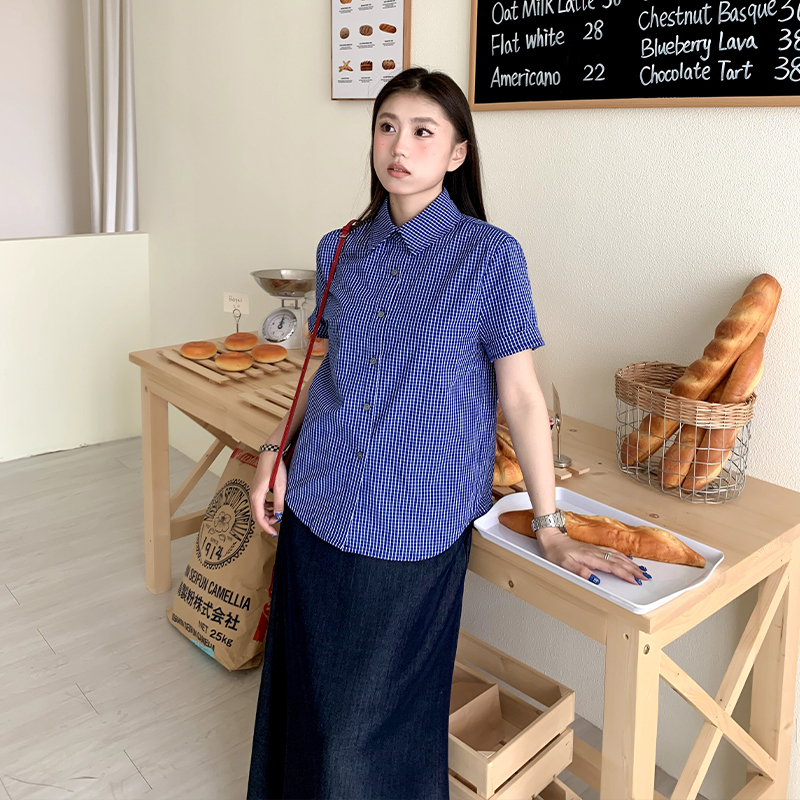 复古格子polo领短袖衬衫女夏季