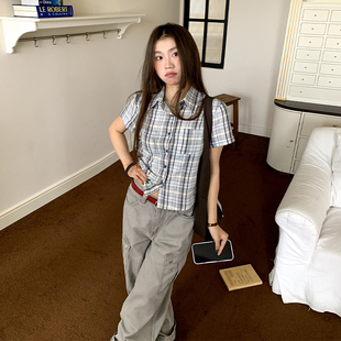 橘子树在哪儿复古格子短袖 设计感纯棉显瘦气质正肩上衣 衬衫 女夏季