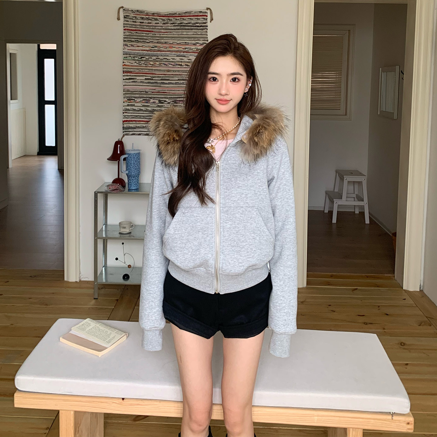 橘子树在哪儿可拆卸毛领连帽外套