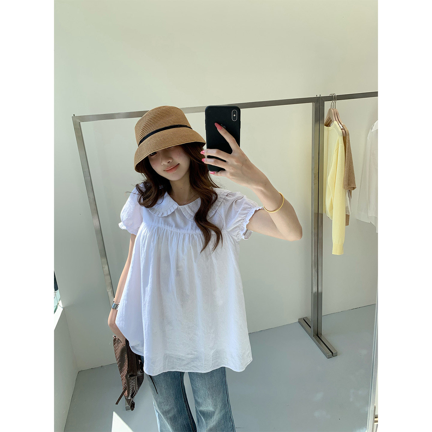 橘子树在哪儿白色娃娃领短袖衬衫女夏季纯棉甜美宽松显瘦小衫上衣