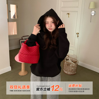 橘子树在哪儿黑色连帽卫衣女秋季