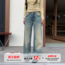 女冬直筒拖地裤 复古蓝色做旧牛仔裤 橘子树在哪儿美式 子 限时价