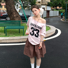 橘子树在哪儿美式印花斜肩短袖t恤女夏季设计感小众绝美露肩上衣