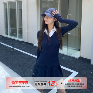 橘子树在哪儿韩系针织套装女秋季款学院风假两件上衣百褶裙两件套