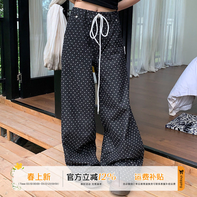橘子树在哪儿复古波点抽绳牛仔裤女夏季休闲宽松直筒百搭拖地裤子