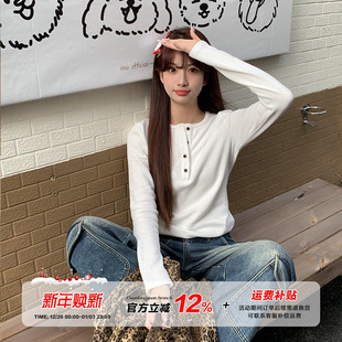 显瘦打底衫 款 百搭纯色上衣 t恤女秋季 橘子树在哪儿纯欲风排扣长袖