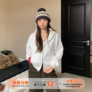 宽松慵懒风双拉链开衫 款 连帽卫衣外套女春季 橘子树在哪儿灰色短款