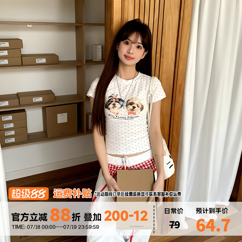 波点印花正肩短袖t恤女夏季