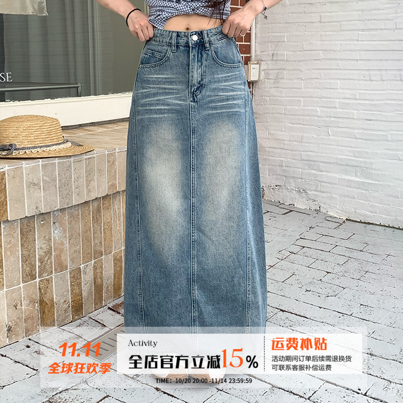 复古猫须水洗牛仔半身裙女夏季
