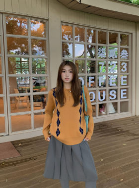 OTee学院风菱格翻领针织衫女秋季