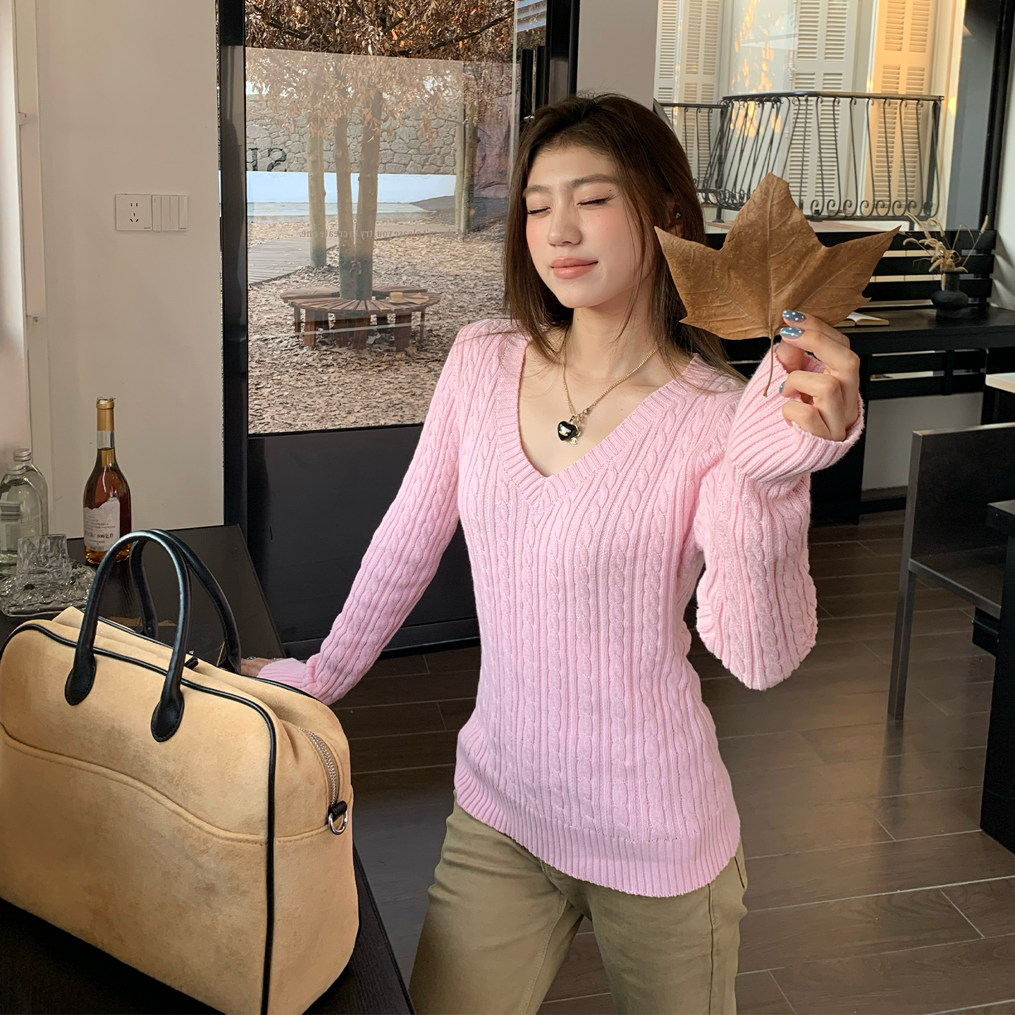 橘子树在哪儿韩系v领麻花针织衫女秋季纯欲修身显瘦气质毛衣上衣