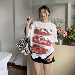 宽松休闲百搭港风半袖 落日印花T恤女春季 潮 橘子树在哪儿美式 新款