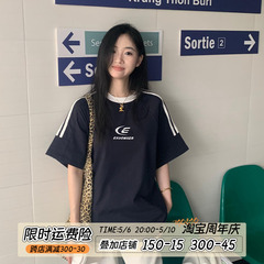 橘子树在哪儿美式三杠拼接短袖T恤女夏季高街宽松插肩袖情侣上衣