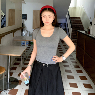 上衣 清仓价 橘子树在哪儿韩系u领面膜短袖 t恤女夏收腰弹力短款