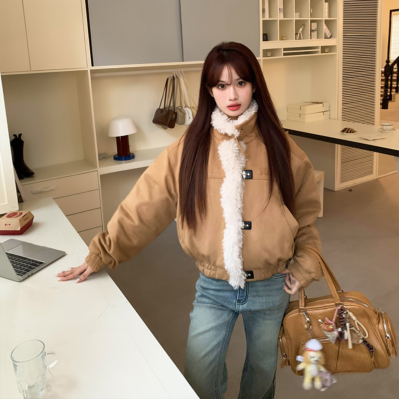 橘子美式复古羊羔毛拼接立领外套