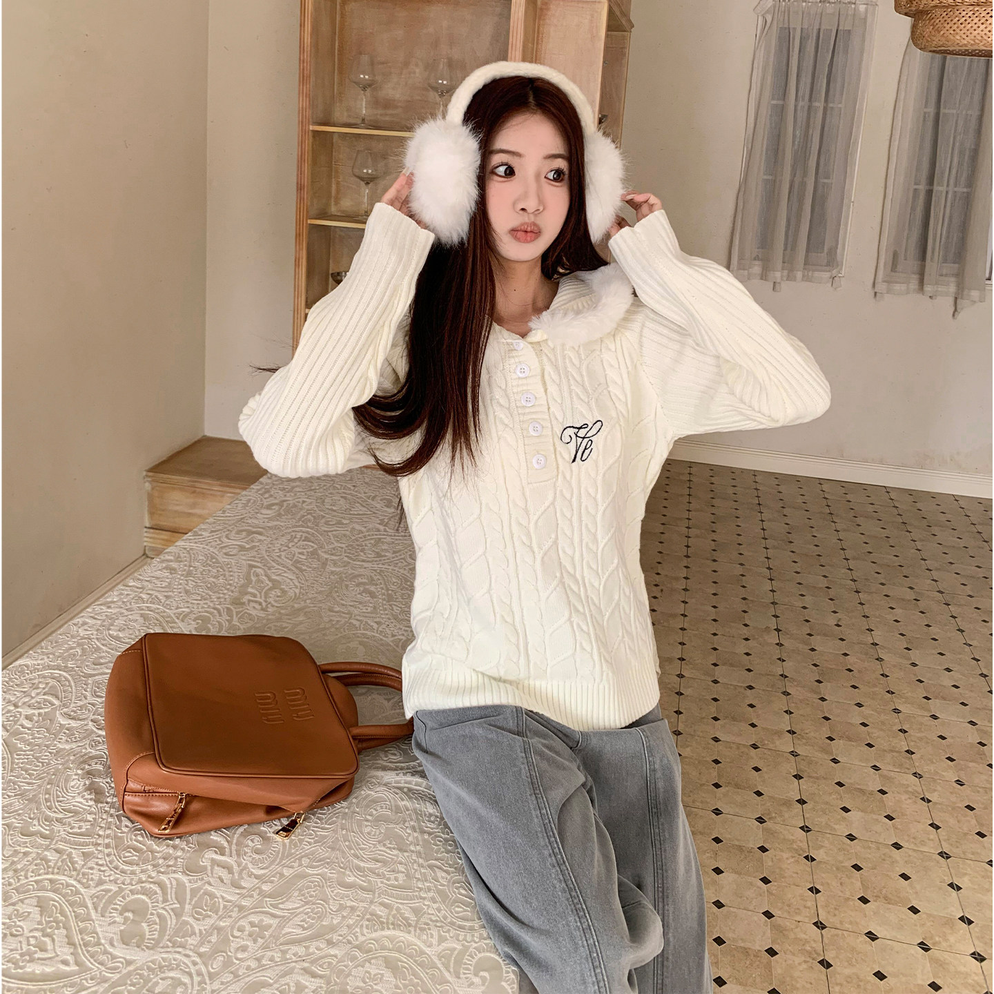 橘子树在哪儿韩系麻花毛衣冬季女款氛围感针织衫修身显瘦长袖上衣