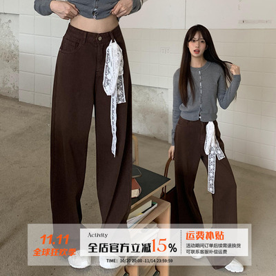 橘子树在哪儿复古咖色直筒牛仔裤