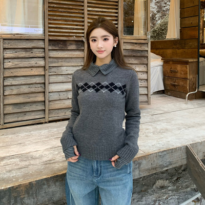 橘子树在哪儿复古灰色菱格针织衫