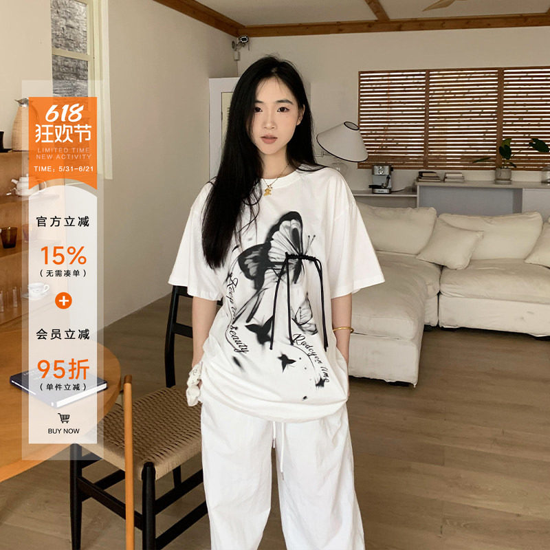 橘子树在哪儿美式水墨蝴蝶绑带短袖T恤女夏季设计感宽松情侣上衣