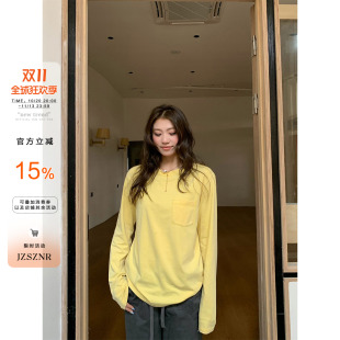 橘子树在哪儿复古纯色炒盐长袖t恤女秋松弛感宽松显瘦百搭打底衫