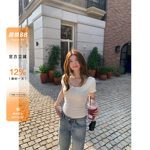 橘子树在哪儿娃娃领短袖t恤女夏弹力设计感甜美显瘦百搭半袖上衣