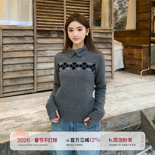 橘子树在哪儿复古灰色菱格针织衫冬季女款设计感显瘦正肩套头毛衣