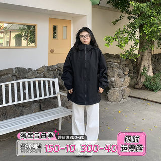 橘子树在哪儿中长款连帽冲锋衣外套女春秋宽松防风山系带帽外衣潮