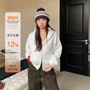 橘子树在哪儿灰色短款连帽卫衣外套女秋季款宽松慵懒风双拉链开衫