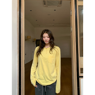 橘子树在哪儿复古纯色炒盐长袖t恤女秋松弛感宽松显瘦百搭打底衫