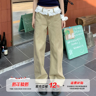 女夏季 橘子树在哪儿蕾丝花边拼接牛仔裤 直筒百搭拖地裤 限时价