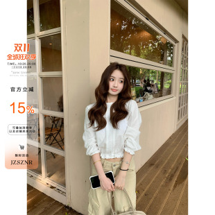 OTee法式蕾丝花边棉麻中袖衬衫女秋季设计感显瘦气质露腰短款上衣