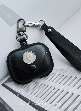 简约黑色六便士皮质AirPods Pro3一体式耳机套适用苹果1/2代软壳小众airpods 3代4保护套挂钩AirPods Pro短绳