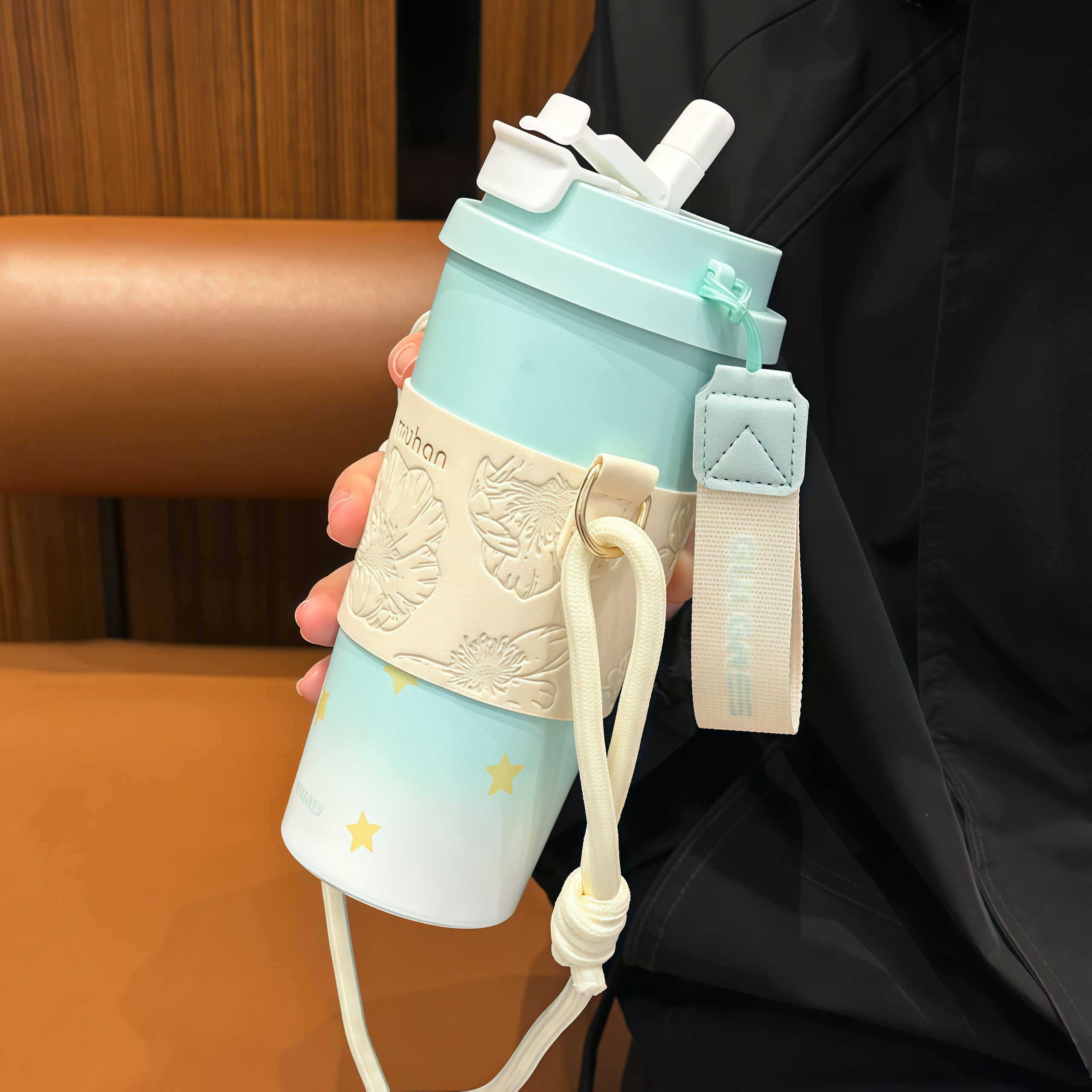 沐韩大容量保温杯吸管杯便携运动车载水杯男女学生上学杯子咖啡杯