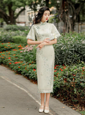 8946旗袍改良式气质少女长款绿色素雅复古国风春夏旗袍连衣裙