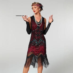 速卖通亚马逊爆款 1920复古风亮片钉珠连衣裙前后V领时尚 流苏礼服