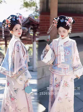 汉服女清代印花古装清朝延吉公主旗袍宫廷格格服两件套旅拍服装女