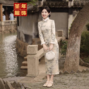 侧扣旗袍山水画中国风立领旗袍 加毛加厚长款 堇年旗袍2024冬季 新款