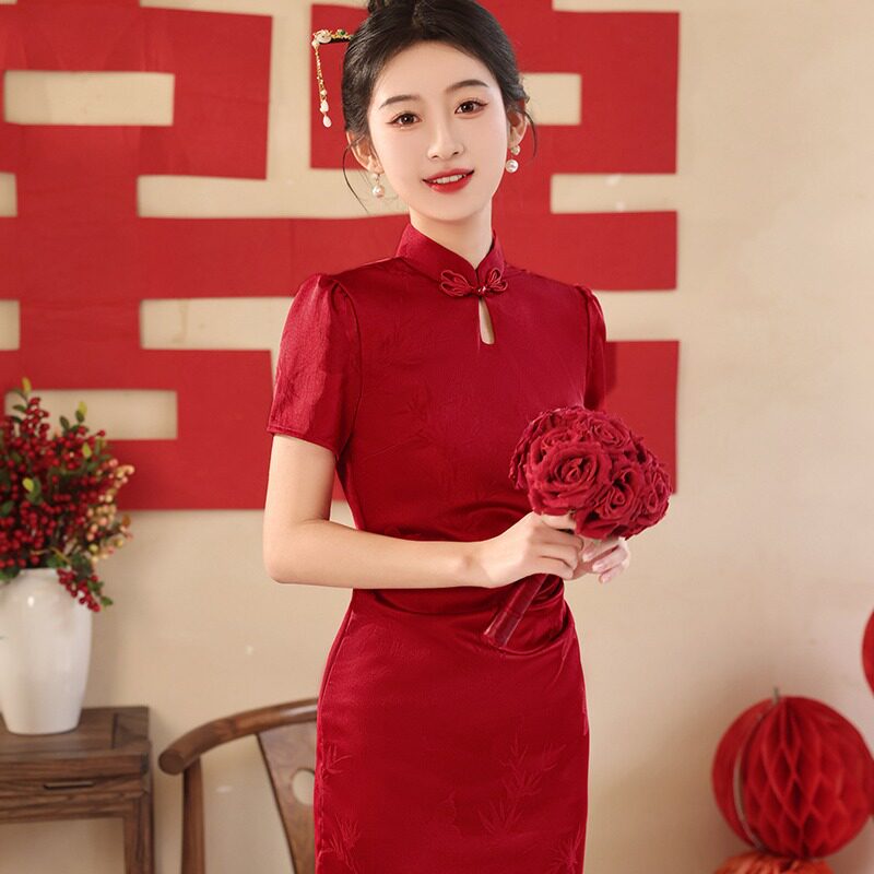 2024新中式国风旗袍夏季红色订婚结婚回娘家年会礼服改良旗袍裙女