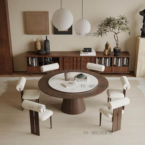 中古风可变形伸缩餐桌家用小户型圆桌可定制岩板带转盘变大圆桌