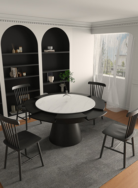 黑色轻法式复古实木圆形岩板旋转伸缩变形餐桌小户型高端家用饭桌