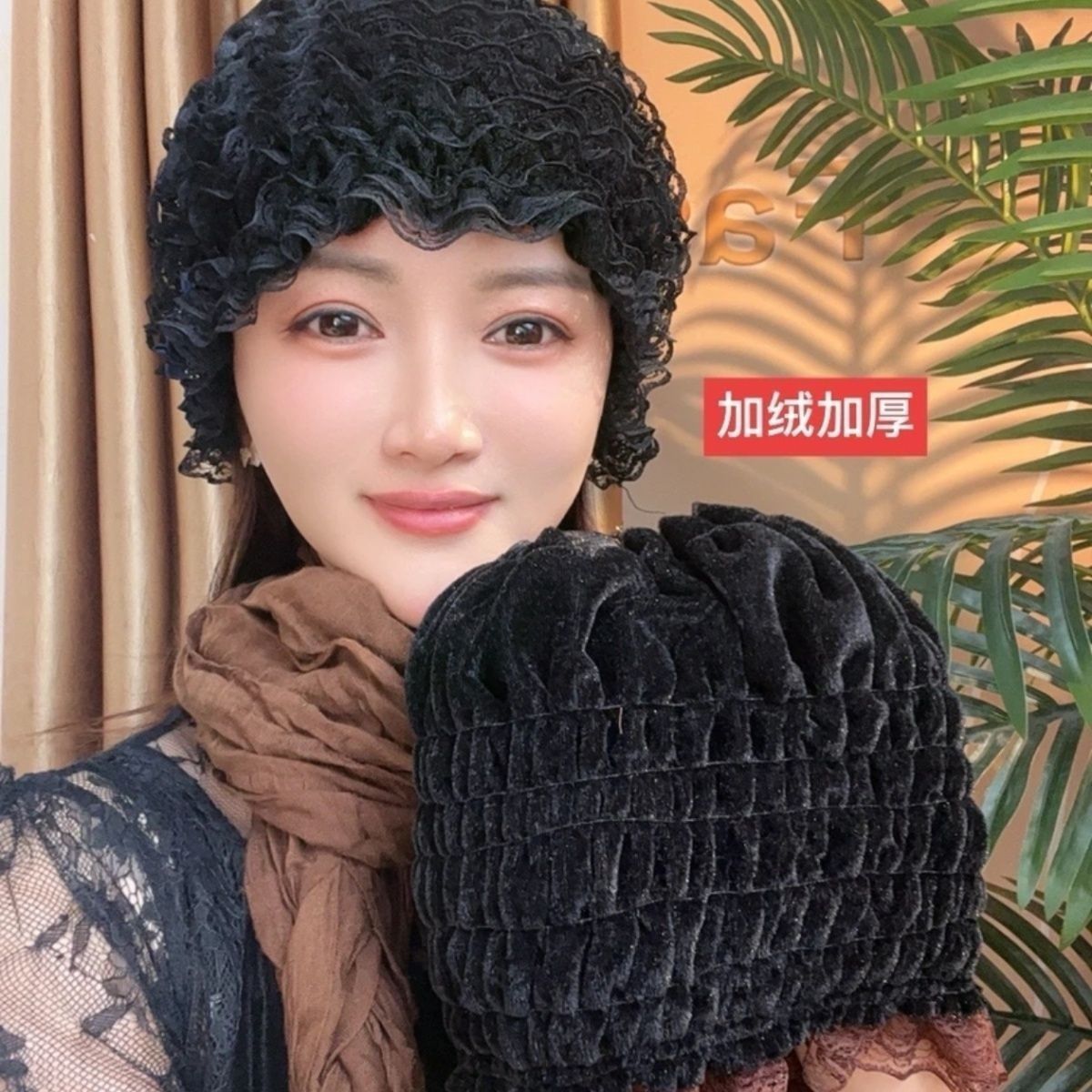 新款加绒加厚美人纱弹力蕾丝包头帽遮白发收碎发层层帽时尚款