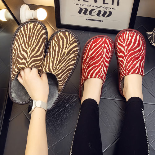 冬季新款豹纹棉拖鞋女居家室内防滑耐磨软底待客家居布艺棉拖鞋男