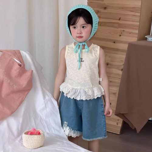 女童夏季甜美花边拼接背心