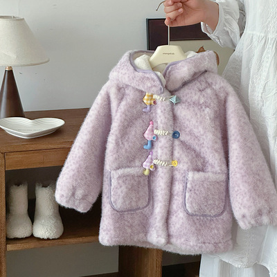 女童摇粒绒外套2025新款冬季可爱雨伞毛毛衣宝宝儿童保暖连帽上衣