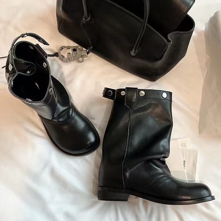 牛皮堆堆女骑士靴低跟宽筒