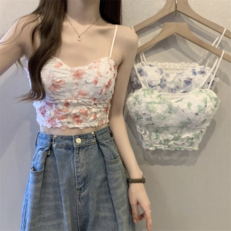 爆款田园风玫瑰碎花小吊带美背背心带胸垫裹胸防走光打底短款抹胸