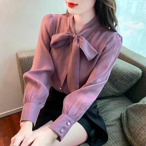thumbnail for Chiffon shirt women's 2026 spring and autumn streamer bow shirt new foreign design niche long-sleeved top for women