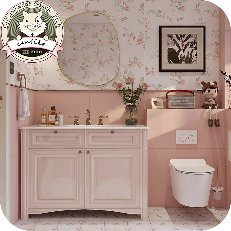 猫和老鼠粉色花朵花砖